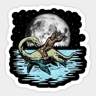 Funny Bigfoot Riding Nessie Loch Ness Monster & Full Moon Sticker